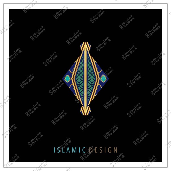 Islamic design on a black background with geometric details in blue, green, and gold.