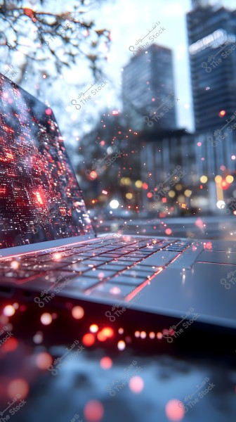 The image shows an open laptop with a backlit keyboard in an urban outdoor setting. Small red glowing particles are floating around the laptop, giving a sense of technology and modernity. In the background, there are blurred skyscrapers and some vibrant lights decorating the scene.