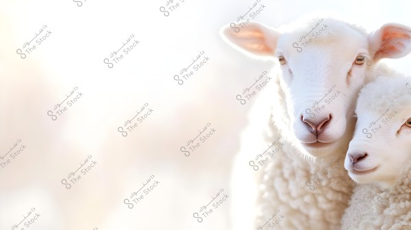 Close-up image of two white sheep with brown eyes and prominent ears. The background is a warm, blurred white, highlighting the soft details of the fleece.