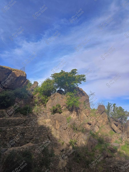 The image shows a natural landscape featuring high rock formations with green plants growing between the rocks. The sky is a clear blue with some light clouds. There are various green spaces around the rocks, giving a peaceful and natural atmosphere.