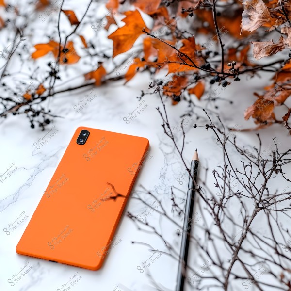 An orange smartphone placed on a white marble surface, surrounded by dried autumn leaves and thin branches. Next to the phone is a black pencil. The leaves and branches create an autumnal atmosphere in the image.