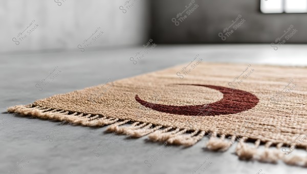 A beige prayer rug adorned with a brown crescent moon motif. The rug is placed on a grey, textured floor, with discernible fringes, and natural light is visible coming from a window in the background.