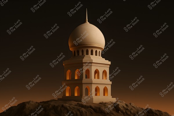 An image of an architectural structure resembling a traditional Islamic building, featuring a large ornate dome atop multiple tiers with arched windows and warm orange lighting emanating from within. The building is set on a rocky ground with a dark sky background, suggesting a nighttime or sunset atmosphere.