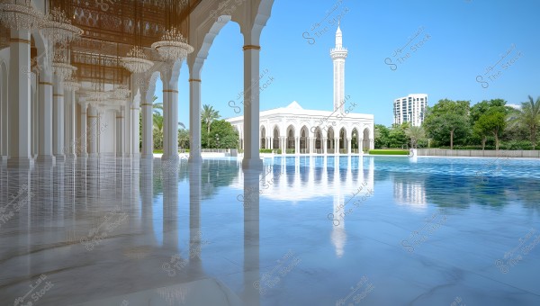 A beautiful view of an Islamic complex featuring ornate white columns providing a serene and grand feel. A large pool reflects the buildings and the clear blue sky. In the background, there is a minaret with traditional Islamic architecture, along with green trees and modern buildings.