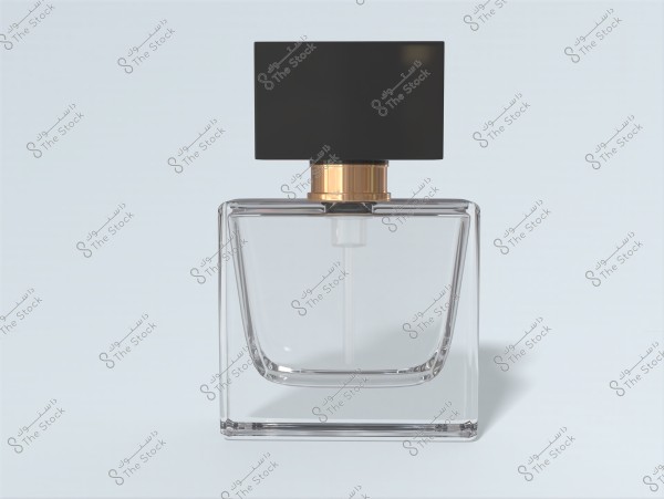 A clear and smooth perfume bottle containing transparent liquid. The design is simple and elegant, with a large black cap above a gold-colored nozzle. The white background highlights the shape of the bottle.