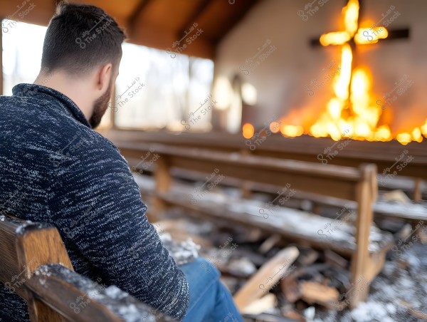 A man sitting in a burning church, with a bright cross in the background and flames visible behind. The floor is covered with ash and debris.