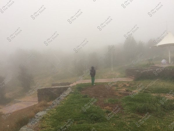 The image shows a person wearing a coat standing in a fog-covered park. The ground is surrounded by green grass and some stone pathways. In the background, there is a white canopy and some foggy trees, with a person sitting on the right side.