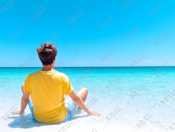 The image shows a person wearing a yellow shirt sitting on a beach and looking out at the sea. The sky is a clear blue, and the sea is a calm blue. White sand surrounds the person, blending with the blue waters.
