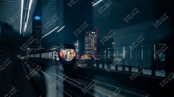 Night scene of a fast-moving train in a city illuminated by night lights, with reflections of buildings and light on glass windows.