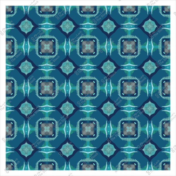 نمط زخرفي أزرق وأخضر بأنماط هندسية متكررة على خلفية زرقاء.