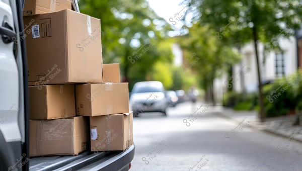 The image shows cardboard boxes placed in the back of a van on a residential street. The street is lined with trees and residential buildings. A car in the background is slightly blurred.