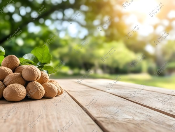 Image showing a pile of walnuts placed on a wooden table in a natural setting. Green trees and leaves are visible in the blurred background with natural lighting.