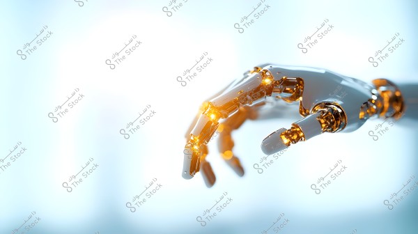 The image shows an advanced robotic hand in silver color with glowing golden details, extending forward in a futuristic design. This robotic hand represents progress in robotics technology. The background is a soft blue blur, enhancing the aesthetic of modern technological design.