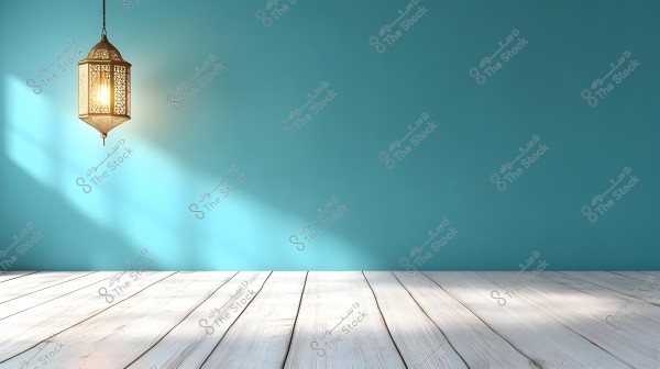 A hanging ornate lamp casting light and shadows on a light blue wall and a light-colored wooden floor. The overall design conveys a tranquil feel, blending traditional and modern elements.