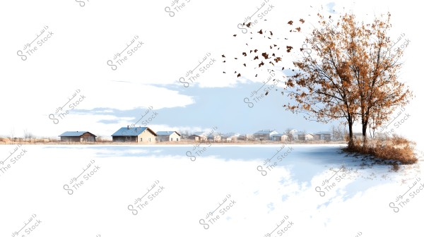 A scenic view showing a cluster of small houses in the distance on a winter day, with the ground covered in a light layer of snow. A large tree on the right side of the image has brown leaves, with some leaves blowing in the air.