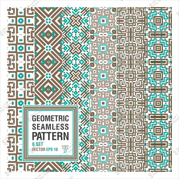 مجموعة من الأنماط الهندسية المتكررة بألوان البني والفيروزي.