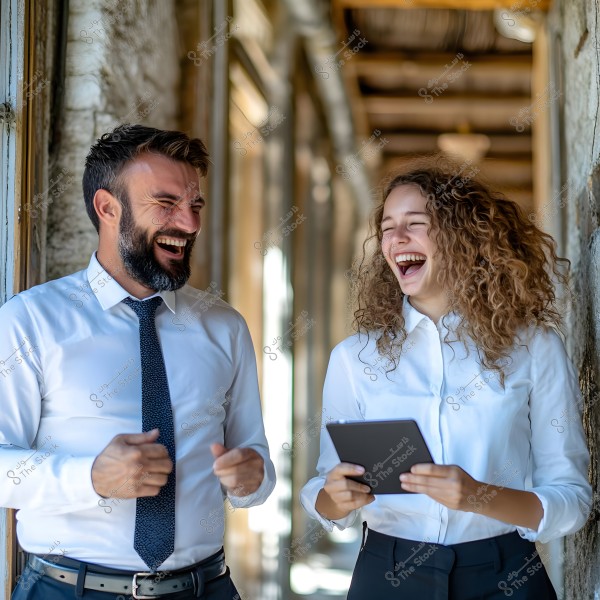 A photo of two people laughing in a corridor. The man on the left has a beard and is wearing a white shirt and a tie, while the woman on the right has curly hair and is wearing a white shirt and holding a tablet. The corridor appears old with wall pillars.