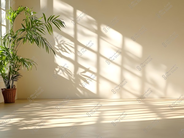 An image of a brightly lit room with natural light, featuring a tall green plant in a woven basket at the left corner. The shadows from the window fall on the beige wall and floor, creating a calm and soothing atmosphere in the room.