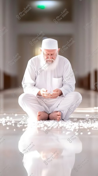 صورة لرجل جالس على الأرض في ممر داخلي فسيح, يرتدي ثوبًا أبيض تقليديًا وغطاء رأس. يظهر الرجل في وضعية تأمل أو صلاة, ويمسك شيئًا في يديه. الأرضية لامعة مع انعكاس خفيف, ويوجد ضوء أخضر ملحوظ في الخلفية.