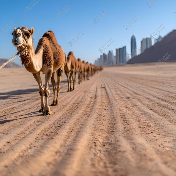 An image of a caravan of camels walking through a vast desert, with modern skyscrapers visible in the distant horizon. The sky is clear blue, and the sandy path is prominently visible.