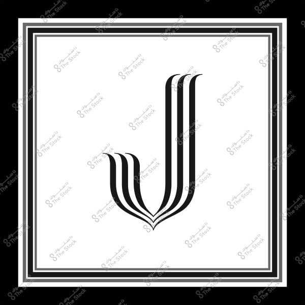 Graphic design of the letter "J" in black with parallel lines inside a square frame.