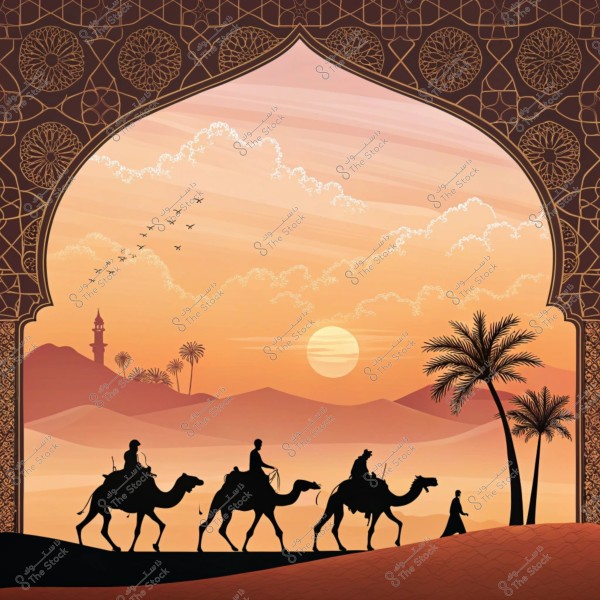 منظر لغروب الشمس في الصحراء العربية, يظهر فيه قافلة من الجمال مع ركاب يسيرون عبر الكثبان الرملية. الأفق مزين بأشجار النخيل ومسجد في الخلفية مع مئذنة ترتفع نحو السماء. الأقواس المزخرفة تزين الجزء العلوي من الصورة بإطار شرقي تقليدي. السماء بألوان برتقالية دافئة مع غيوم متناثرة وطيور تحلق بعيداً.