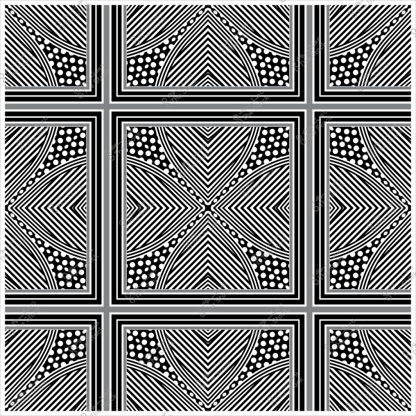 Black and white geometric pattern with diagonal lines and dots in a symmetrical design.