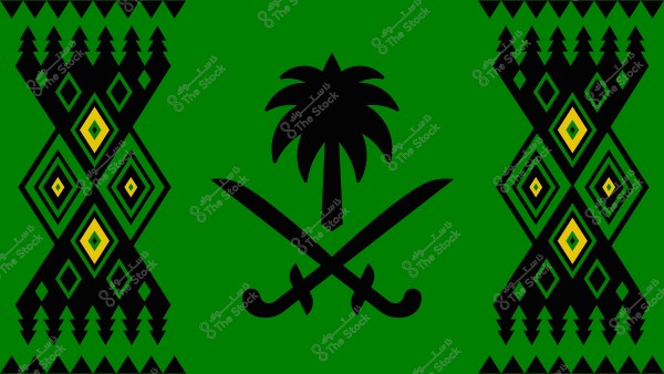 العلم يحتوي على خلفية خضراء مع نخلة سوداء في المنتصف وسيفين متقاطعين باللون الأسود أسفلها. الجوانب تتميز بنقوش تقليدية هندسية بألوان الأسود والأخضر والأصفر, مما يعكس التراث السعودي.