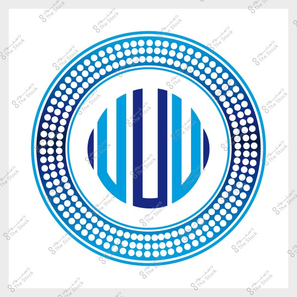 Circular blue logo with a design featuring stripes and white dots.