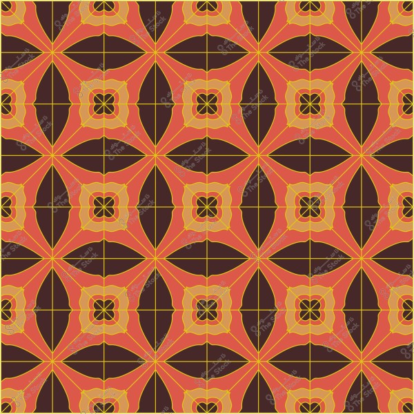 نمط هندسي متكرر بألوان برتقالية وبنية وزهرية, يشبه الأزهار المتداخلة على خلفية بنية داكنة.