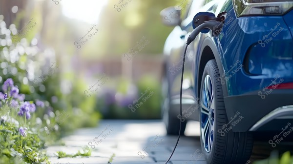 A blue electric vehicle plugged into a charger in a landscaped area. The image shows the rear wheel of the car with the charging cable attached. It is surrounded by green plants and purple flowers, with a sunny and tranquil atmosphere.