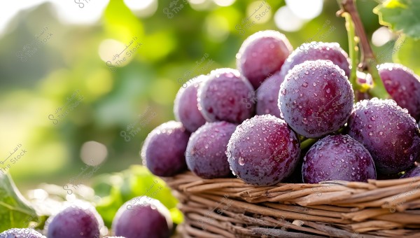 An image of purple grapes covered with dewdrops placed in a wicker basket. The grapes look fresh and shiny, surrounded by a blurred background of green foliage, adding a natural and beautiful touch.