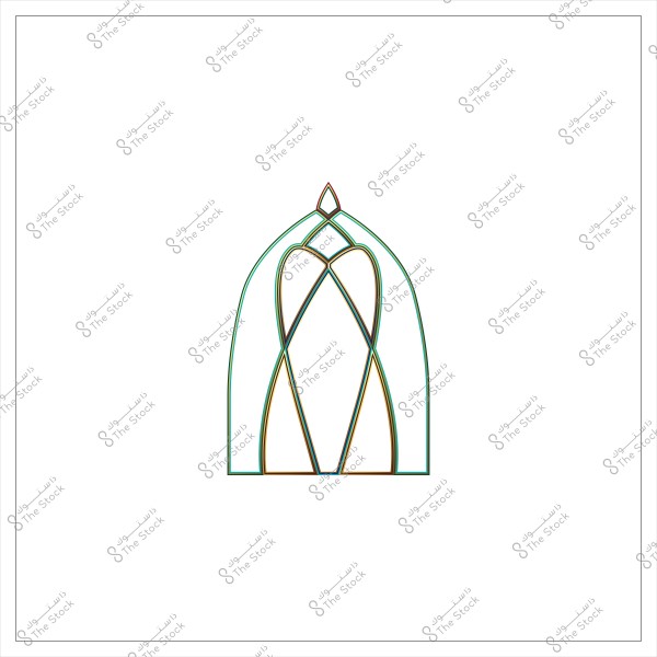 A digital design with geometric patterns in green and brown colors, resembling an arched window.