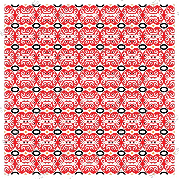 A decorative repeating pattern in red and black with intricate and harmonious designs.