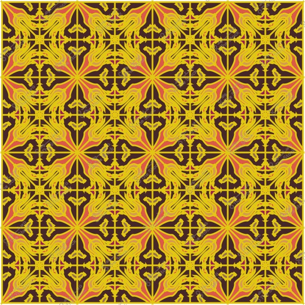 تصميم زخرفي متماثل بألوان الأصفر والأحمر على خلفية بنية داكنة.