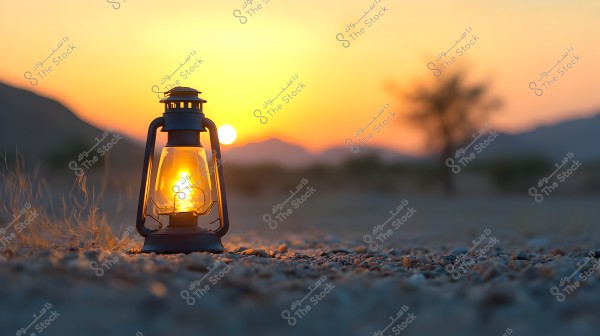 A lit lantern placed on a dusty ground in the foreground, with a sunset in the background. The sky is colored with shades of yellow and orange, and distant mountains and trees appear blurred.