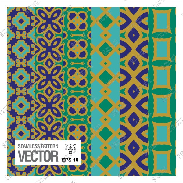 Seamless pattern featuring geometric designs in various colors including blue, green, and gold.