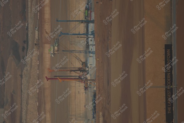 An image of a large construction site featuring several cranes of different colors lined up along the site. There are trucks and various construction equipment scattered around. The sign written says \"THE LARGEST MODERN DOWNTOWN\". The ground of the site is visible with large areas containing piled soil.