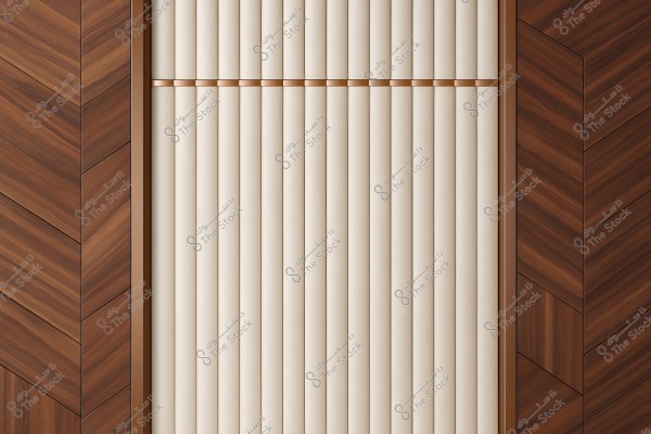 The image shows a wall made of dark brown wooden panels with a chevron pattern on the sides, centered with a white curtain composed of parallel vertical slats within a copper frame.