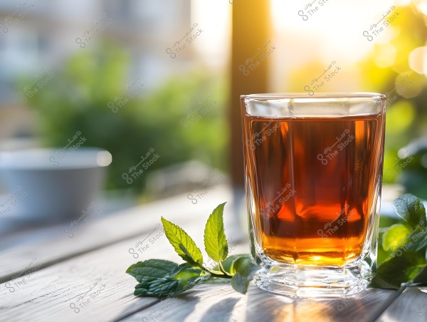 A glass cup filled with black tea placed on a wooden table outdoors. Fresh green leaves are placed beside the cup, and the background features blurred foliage with sunlight casting over the scene, creating a refreshing and summery atmosphere.