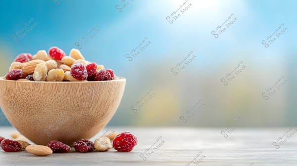 A wooden bowl filled with a variety of nuts and dried fruits. The bowl contains nuts like almonds and peanuts and dried fruits such as cranberries. The background is a blurred blue, giving a refreshing feel.