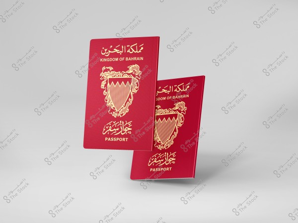 The image shows a red passport from the Kingdom of Bahrain. The passport features the national emblem of Bahrain printed in gold, along with the words \"Kingdom of Bahrain\" in both Arabic and English, and the word \"Passport\" also written.