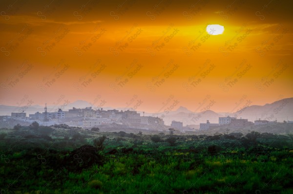 A snapshot of the sunset and the color of the sky in orange from Taif National Park, nature in Saudi Arabia, trees and palm trees.