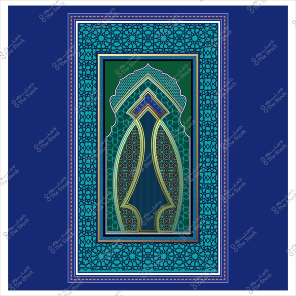 Islamic geometric design with blue and green colors and intricate patterns.