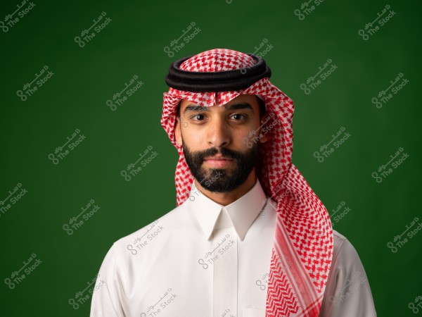 رجل يرتدي الثوب السعودي والغترة والعقال يقف أمام خلفية خضراء.
