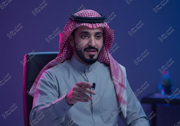 ** Image of a man wearing traditional Saudi attire, including a white thobe and a red and white checkered ghutra with a black agal. He is sitting on a chair and speaking to the camera in a studio-like setting.\r\n\r\n**