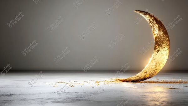 An image of an artistic piece shaped like a golden crescent moon, glowing brightly. The crescent is placed on a smooth surface with a neutral gray background. The edges appear illuminated, radiating light, giving it an enchanting appearance.