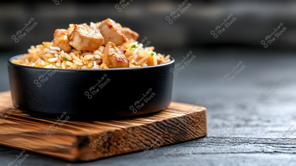 An image of a bowl of fried rice with grilled chicken pieces in a black bowl on a wooden surface. The dish appears golden and appealing with small chopped herbs.