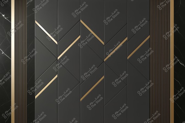 Geometric wall design with intersecting black panels and gold lines. The panels are bordered by gold frames, with vertical gold lines on the sides. The design conveys a sense of luxury and modernity.