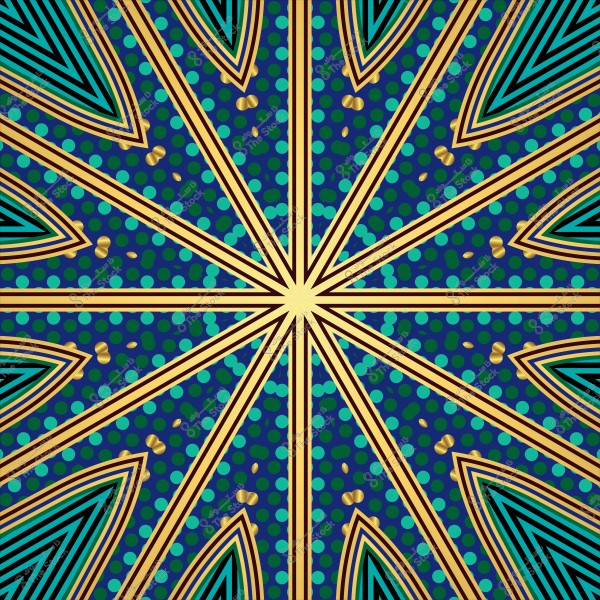 تصميم هندسي ملون بنمط شعاعي يتكون من خطوط متقاطعة وبقع ملونة باللونين الأزرق والذهبي.